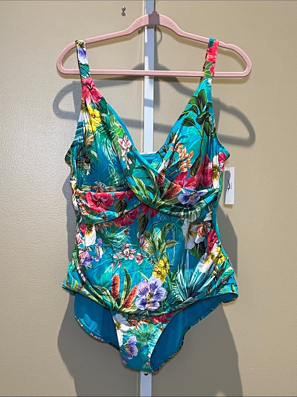 Jantzen Teal Tropical Floral One-Piece Swimsuit with Tummy Control